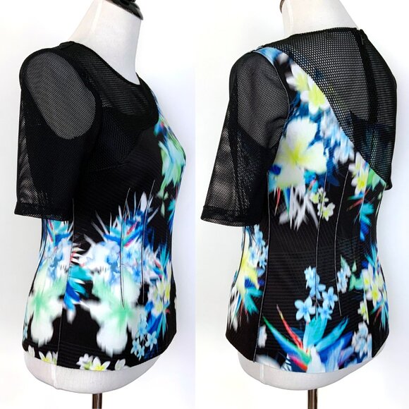 Elie Tahari Black Floral Scuba Mash Short Sleeve Top Sz S - Picture 7 of 16